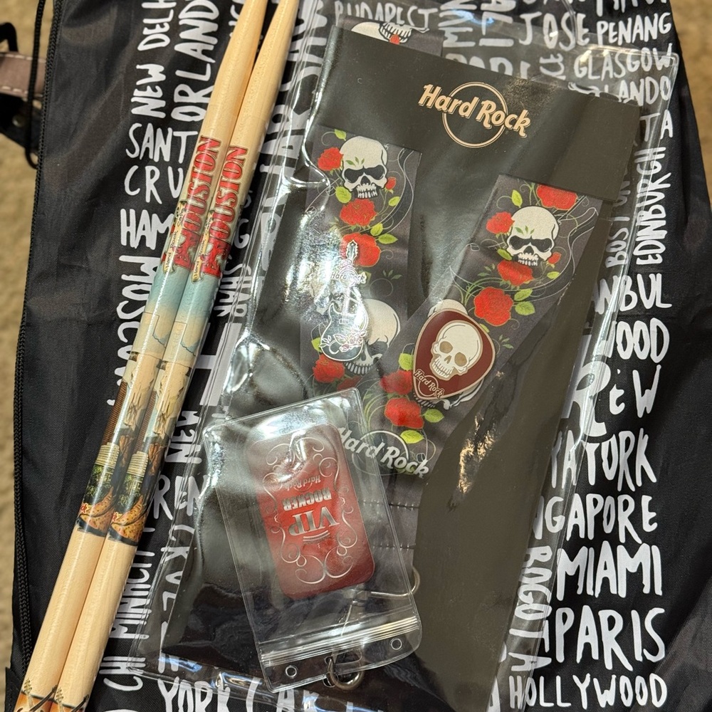 Hard Rock Cafe Skull Design Rose Badge Lanyard & Drumsticks
